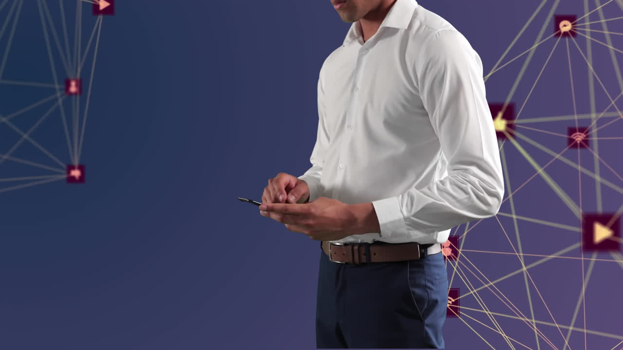 человек, использующий смартфон против мира цифровых икон