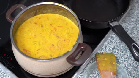 slowly simmered pumpkin lentil soup in a pot over electric stove. - high angle shot
