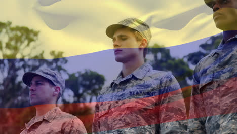 animación de la bandera de colombia ondeando sobre varios soldados
