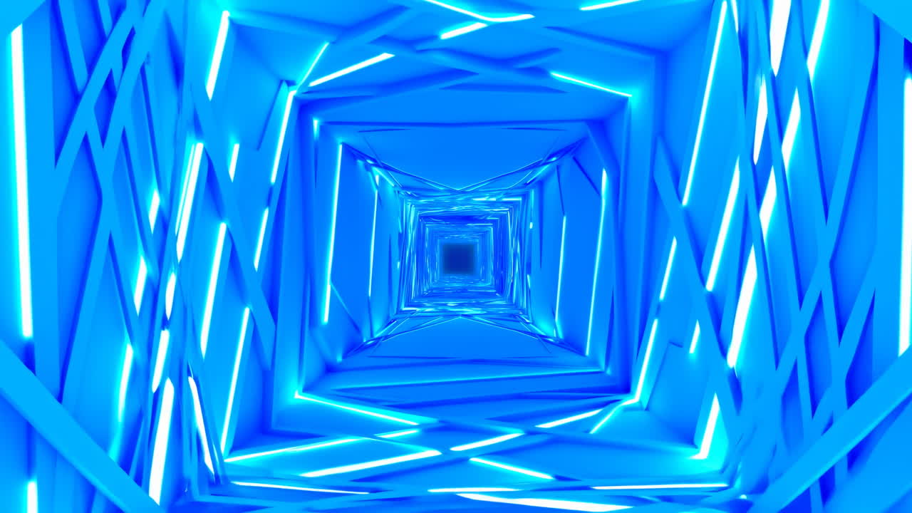 Blue Neon Geometric Tunnel Pulsing With Layered Triangular Frames, Virtual Drone Scanning Structural Rhythm,