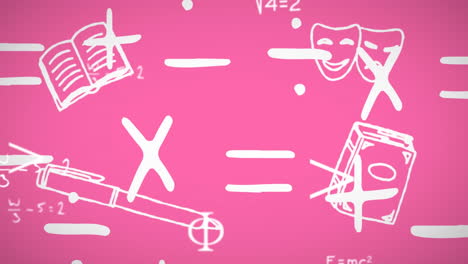 símbolos matemáticos y ecuaciones flotando contra los iconos del concepto escolar en fondo rosa