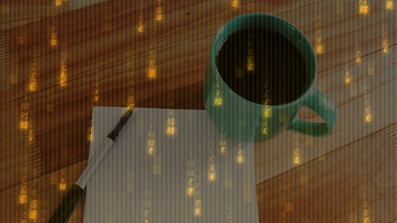 Showing falling golden currency symbols over wooden desk featuring teal coffee mug paper pen