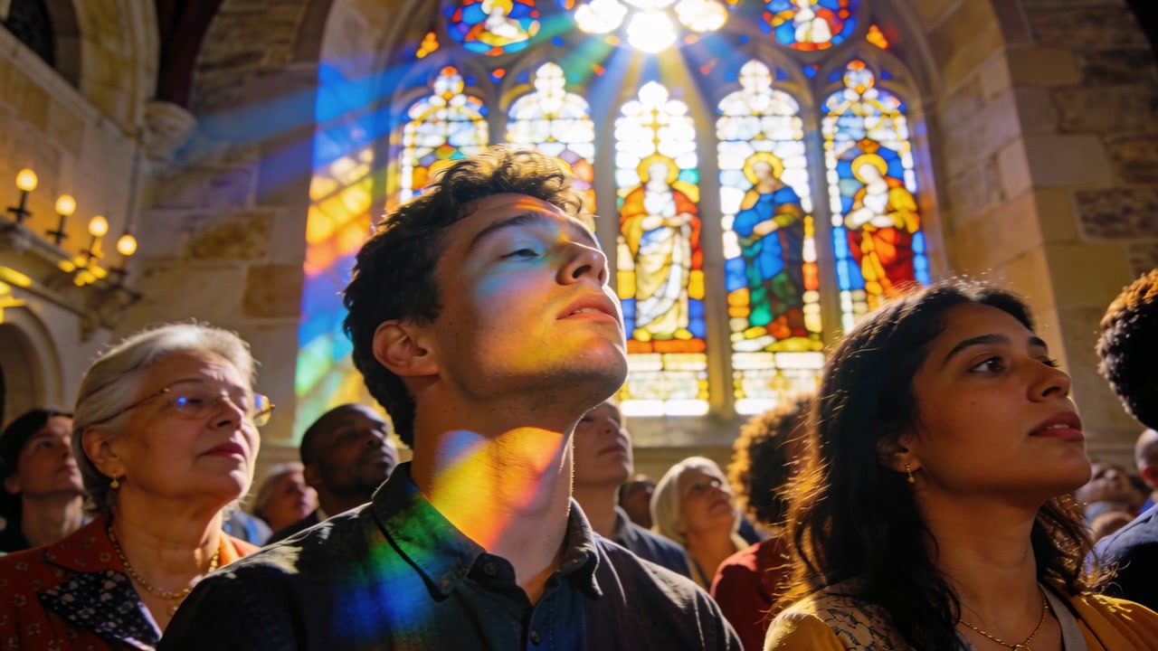 Watching man in dark shirt observing stained glass at church as sun shifting light sweeping pews