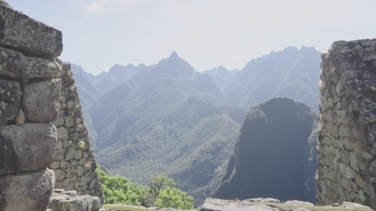 Panning of Machu Picchu mountains landscape between stone walls ruins lost city citadel. Peruvian Inca