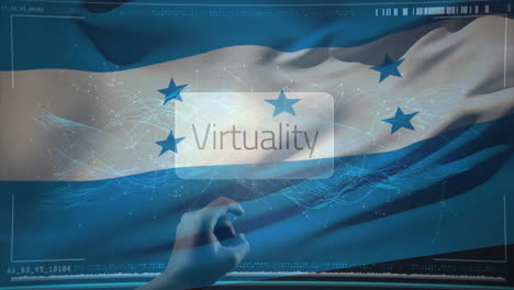 pointing at virtuality text with digital network and flag animation in background