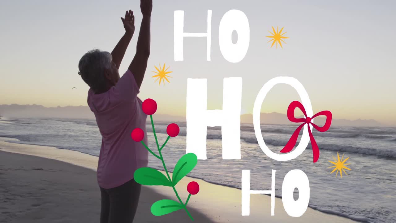 크리스마스 축하 문서의 애니메이션이 해변에서 두 인종의 고령 여성에 대해