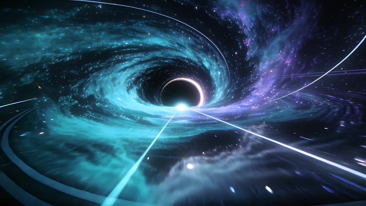 Approaching central vortex as camera thrusting forward, vortex drawing converging beams and rings