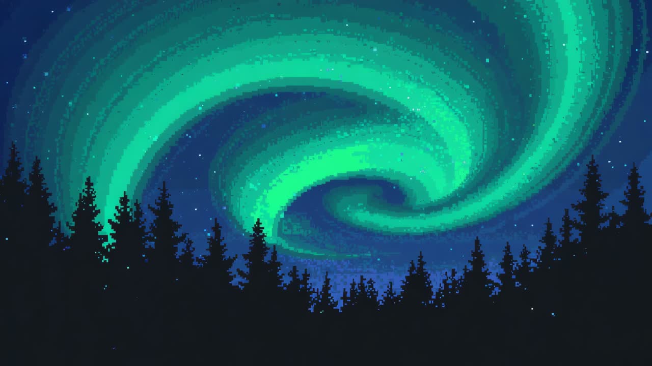 Swirling green aurora spiral turning over pine trees under deep blue starfield, solar wind driving