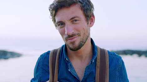 happy, travel and face of man at beach