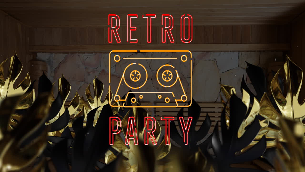 Animation of retro party text and leaves over bench