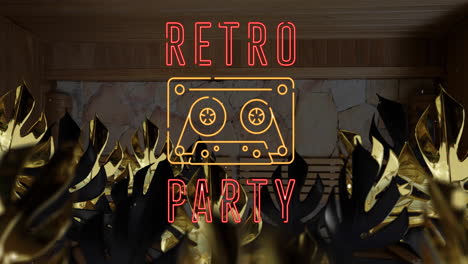 animation of retro party text and leaves over bench