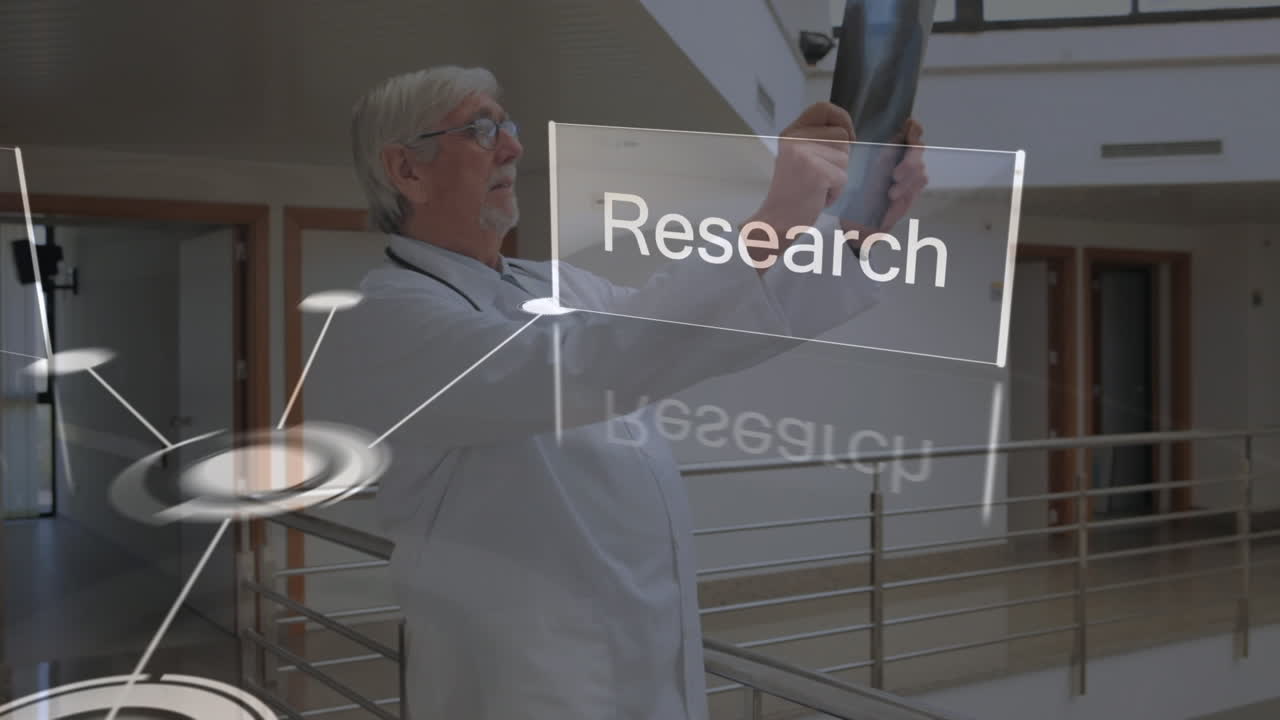 Animation of strategy texts and connections over caucasian male senior doctor with x ray photo