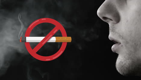 animation of smoking forbidden sign with lit cigarette and man's face