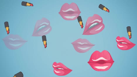 Animation-Von-Lippenstift--Und-Lippensymbolen-Auf-Blauem-Hintergrund