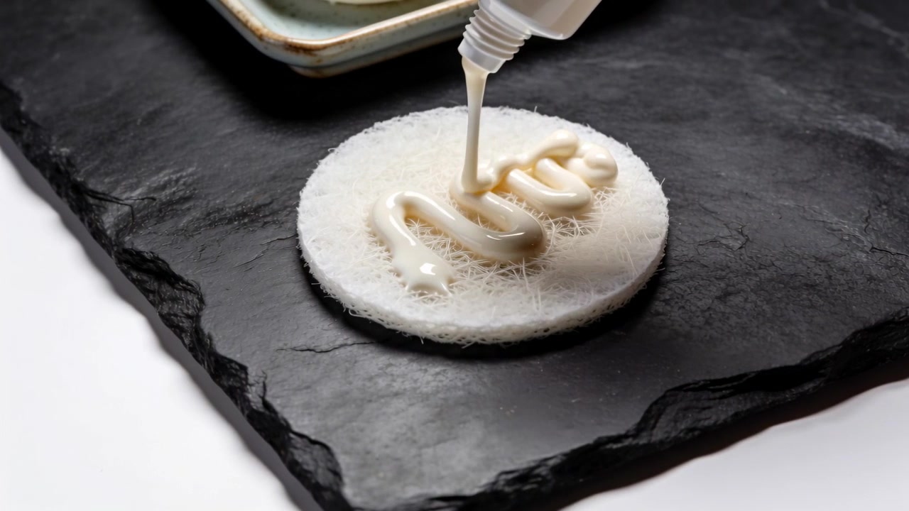 Appearing squeeze tube nozzle dispensing tan cream onto white fiber disc on slate board, styling