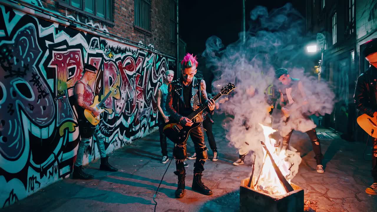Dynamic low-angle shot of a punk rock band playing in a graffiti-covered alley, with vibrant