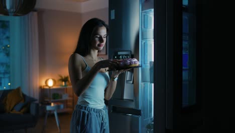 una hermosa joven viene a la cocina por la noche. tiene hambre y abre el refrigerador. saca un pedazo de un delicioso pastel cremoso y lo muerde. se siente satisfecha.