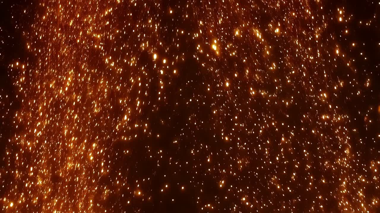 Luce pulsante fuori campo che guida calde particelle arancio-oro che fluttuano su uno sfondo scuro