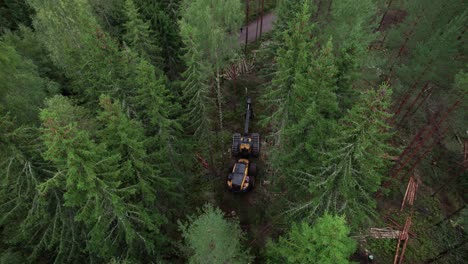 aerial dolly forward shot of scandinavian finnish forest and forestry machine ponsse scorpion harvester filmed with dji air 2s