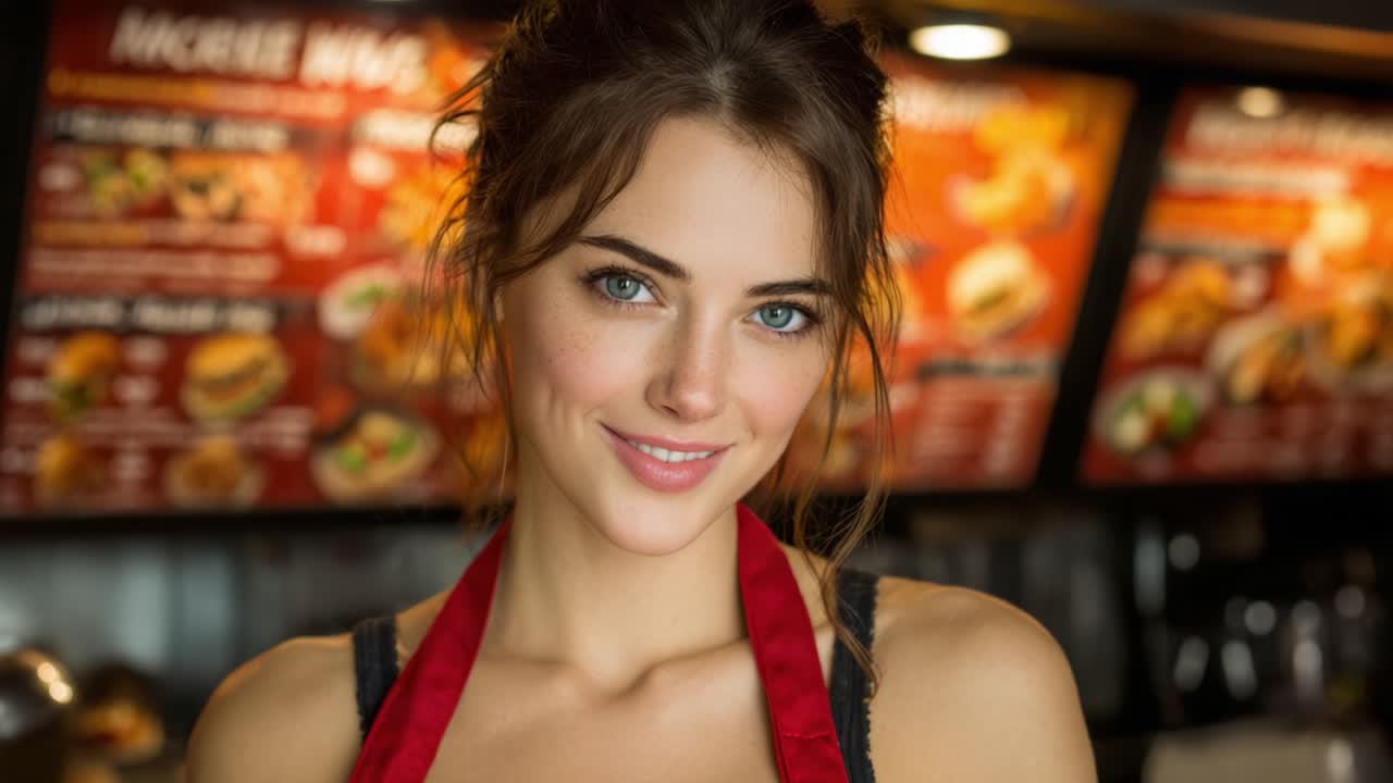 Giovane donna sorridente in un ambiente culinario che indossa un grembiule, ritratta tra vivaci menu che evidenziano deliziose selezioni di cibo