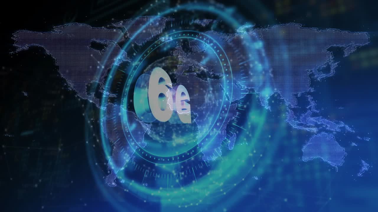 Animazione della tecnologia 6G su una mappa del mondo digitale con connessioni luminose.