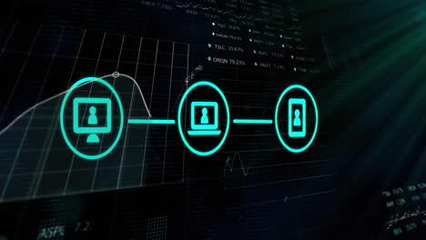 animazione di icone digitali sull'elaborazione dei dati finanziari sullo schermo