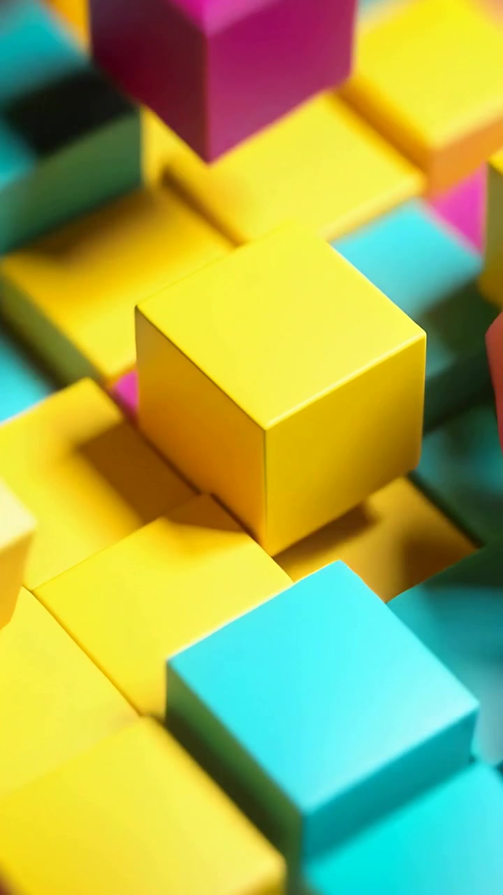 Vertical video: Shifting cam focus causing CMY cubes lifting, rotating in recessed grid, settling