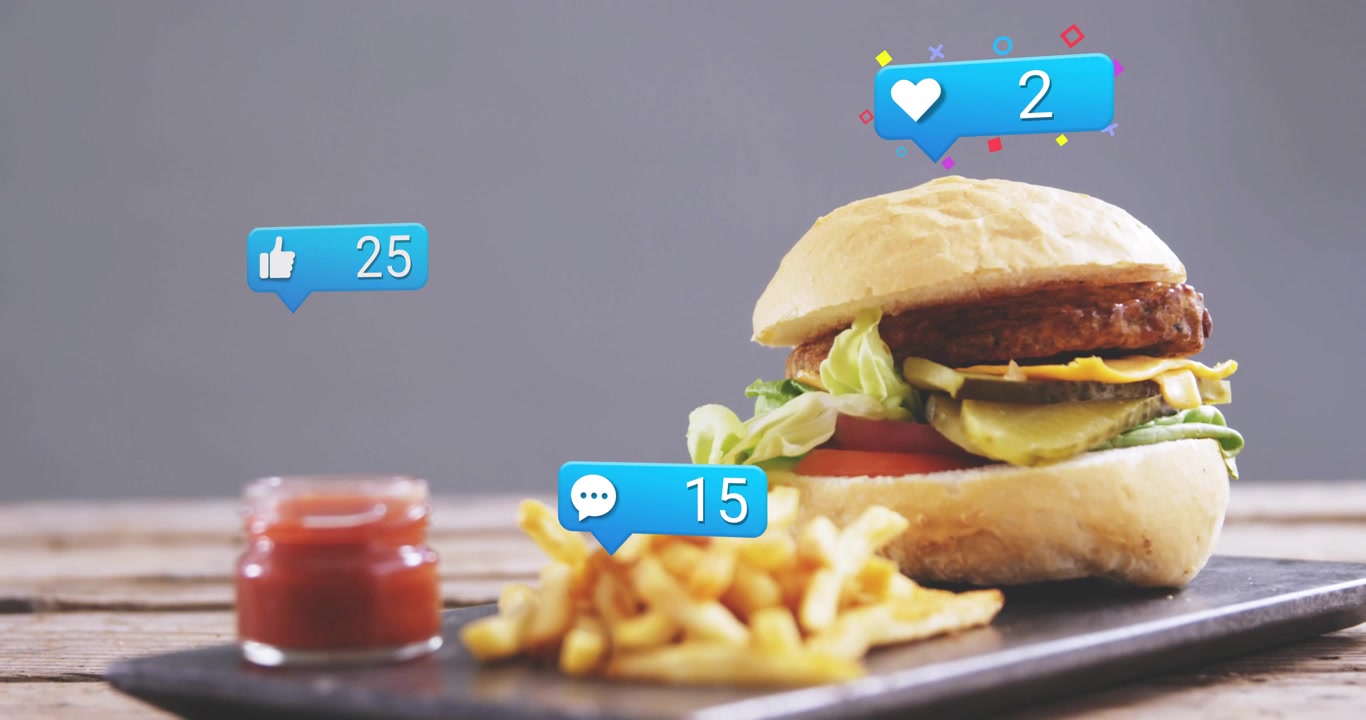 Burger and fries sliding up as badges floating in and updating showing engagement