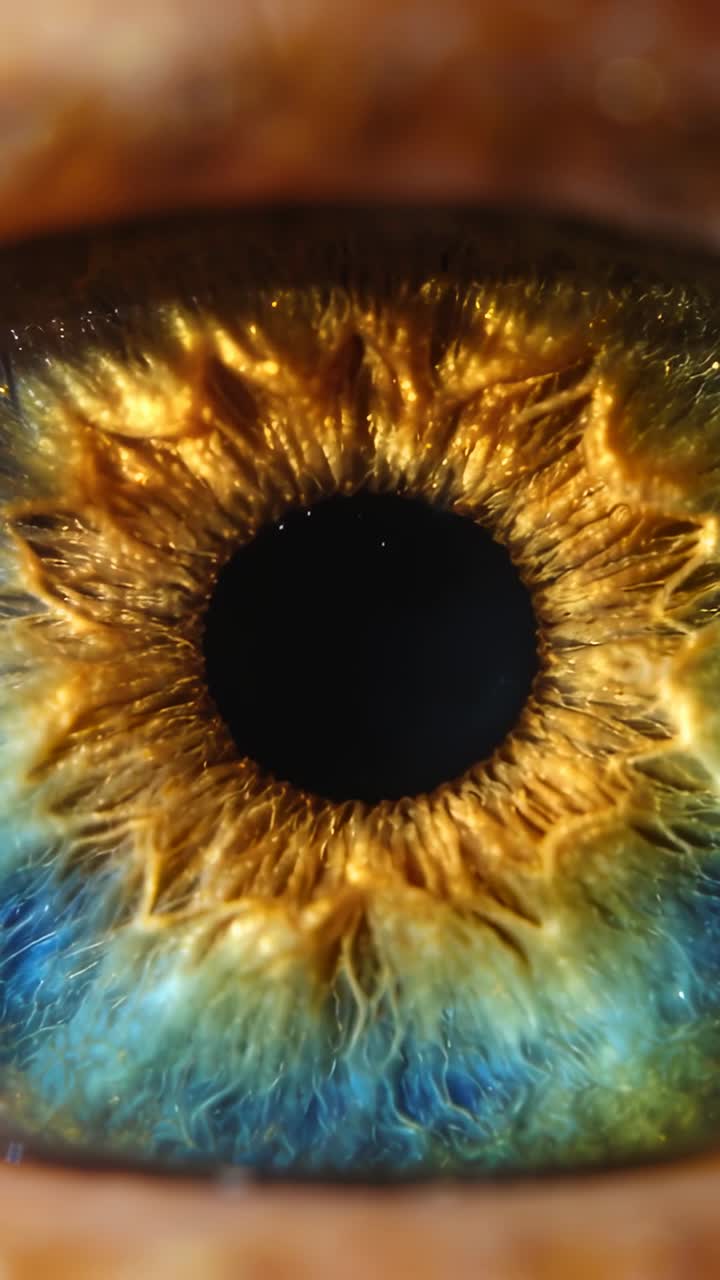 Vertical video: Showing single eye reacting to light at macro, showing pupil shifts and iris gleams