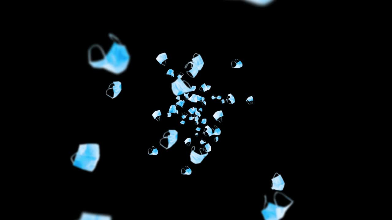 검은 바탕에 많은 파란 마스크를 날아. 의료 개념. 수술 보호 마스크. 마스크 회전의 3d 애니메이션. 루프 애니메이션.