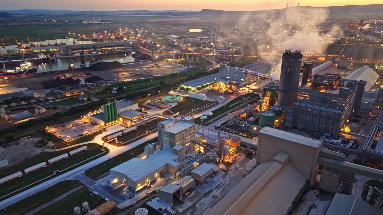 개발도상 지역의 초저녁 시간, 공장과 기계가 있는 산업 지역