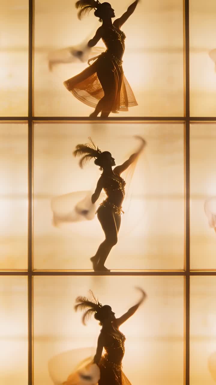 Vertical video: Rehearsing dancer following lighting cue, doing turns on backlit grid with feathers