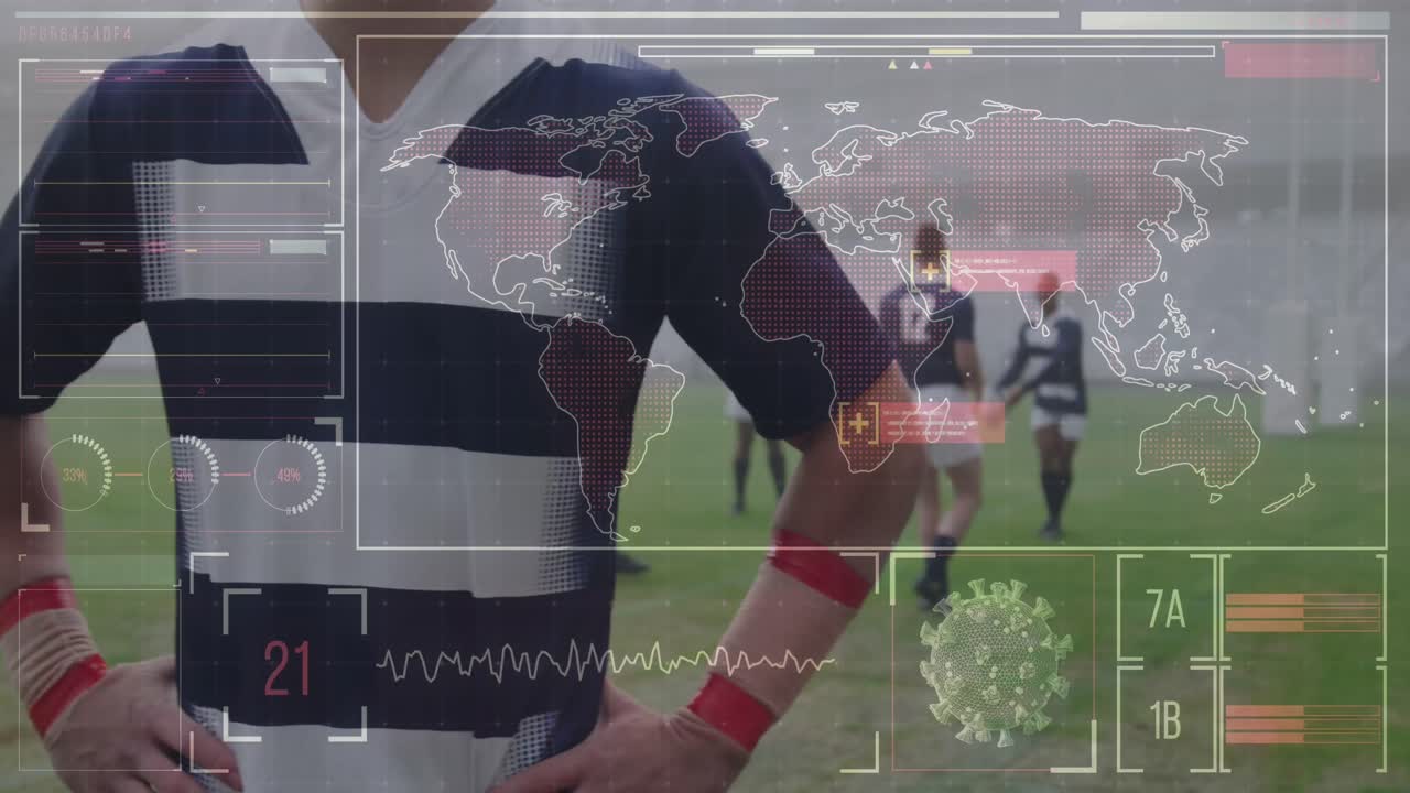animación de la interfaz digital con el procesamiento de datos médicos de covid-19 sobre jugadores de rugby