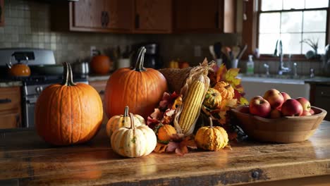 a cozy autumn kitchen scene featuring a bountiful harvest of pumpkins, gourds, and fresh apples displayed on a rustic wooden table