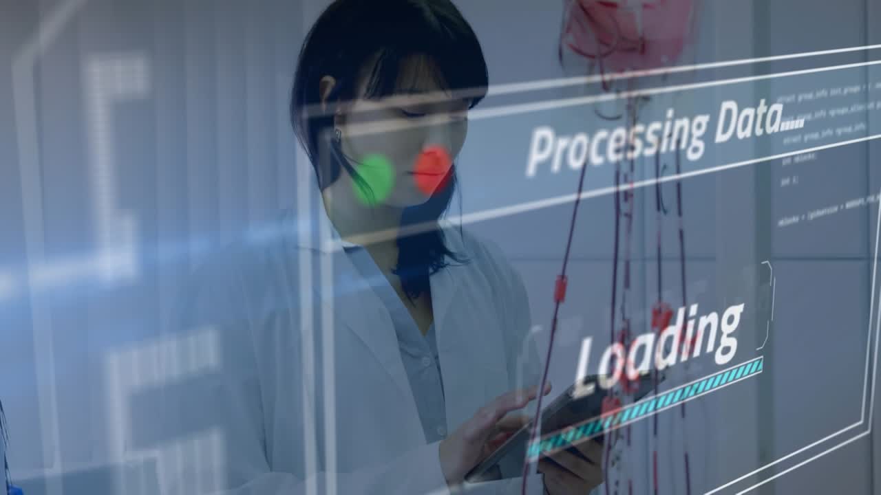 Animation of networks of connections over businesswoman wearing phone headset
