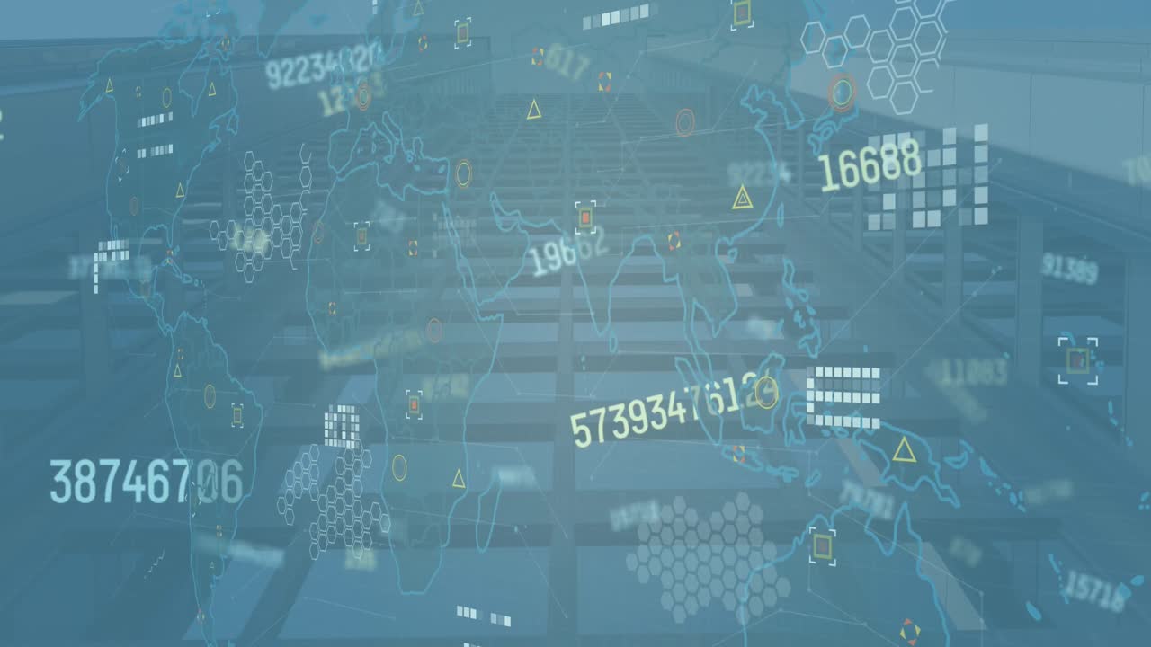 Animation of changing numbers over world map against low angle view of tall building