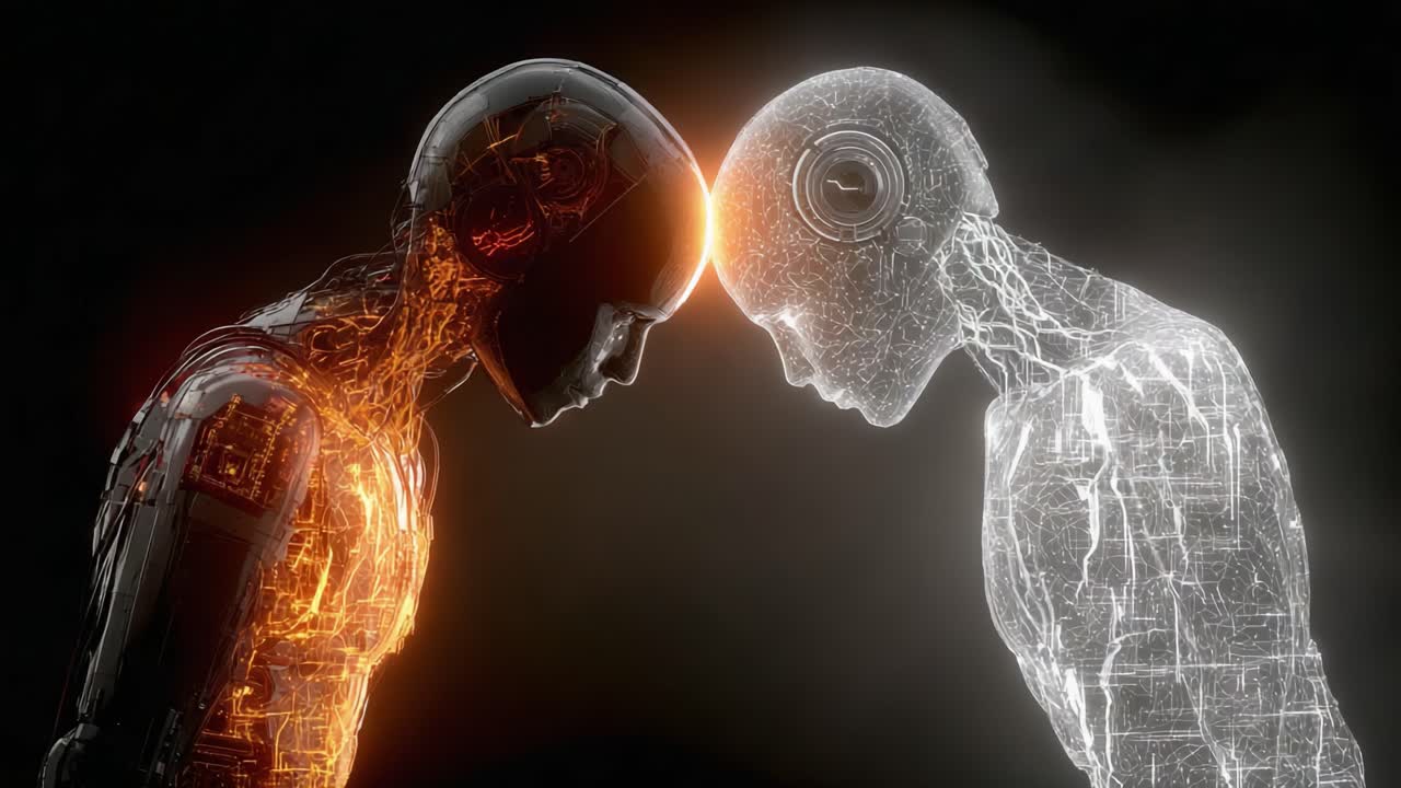 Un incontro futuristico tra due robot avanzati, uno che emana calore e l'altro energia fredda, impegnati in una profonda connessione attraverso il contatto frontale