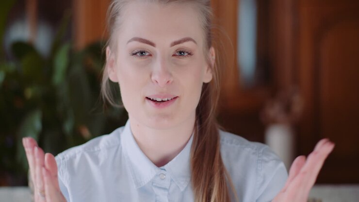 молодая женщина влоггин и улыбается в камеру 1