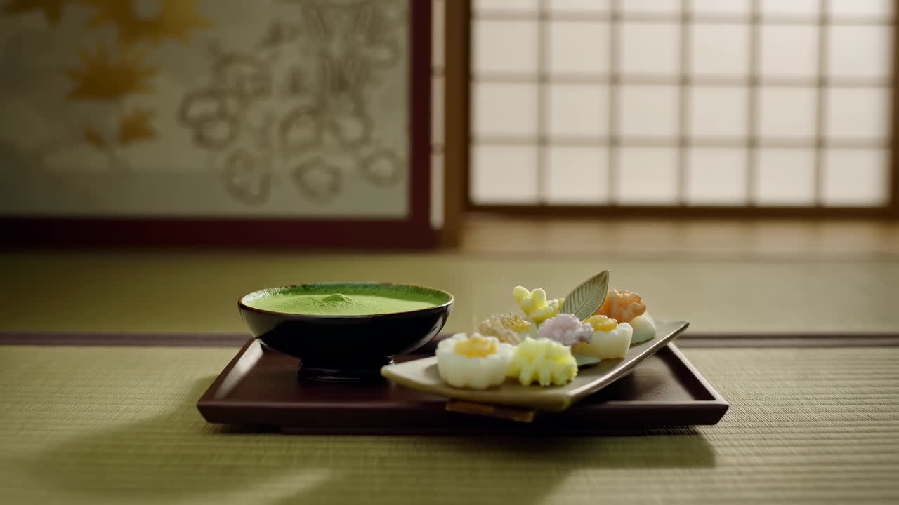 Traditionelles Tatami-Tablett mit Matcha-Schale, sanftes Shoji-Licht und handgemachte Wagashi auf Holztablett arrangiert