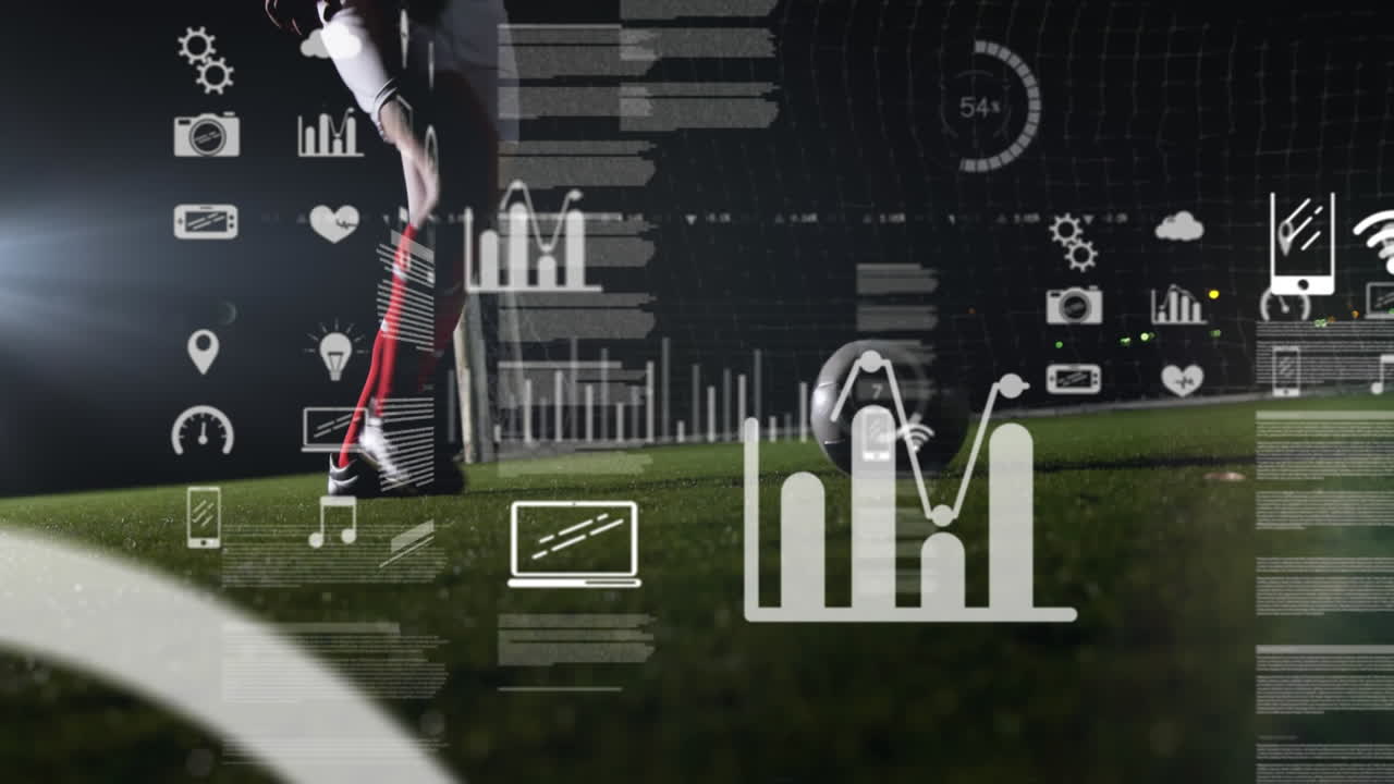 animación de iconos de computadora y lenguaje de programación sobre jugador caucásico practicando fútbol