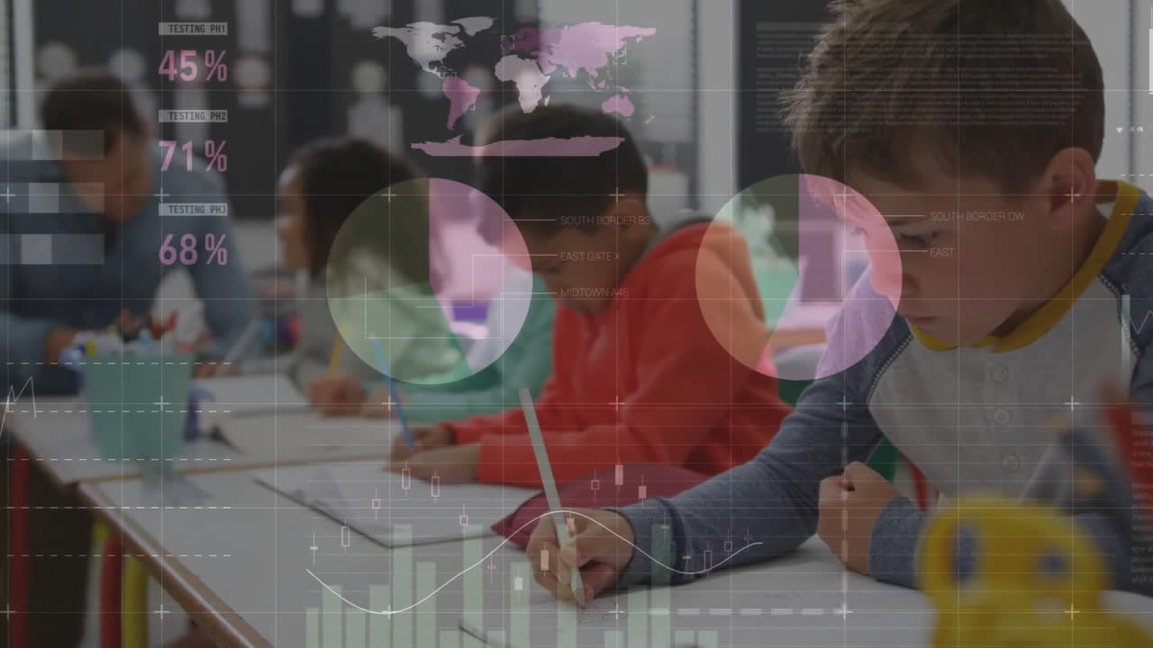 animación de gráficos que procesan datos sobre diversos maestros masculinos y escolares que trabajan en clase