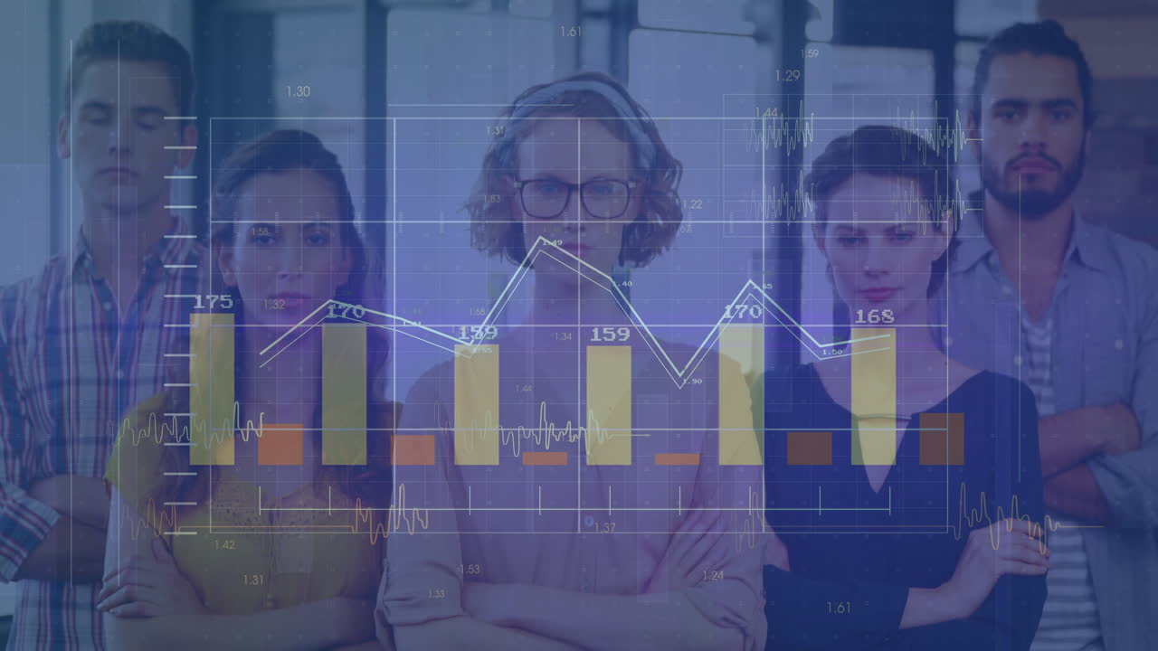 Diverse group of people in office with financial data processing animation overlay