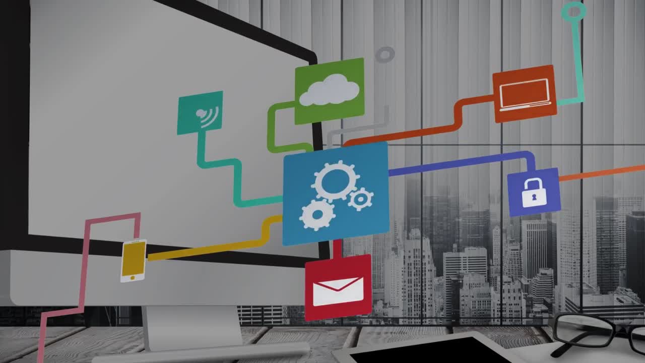animación de iconos técnicos en la pantalla de la computadora con espacio de copia en la oficina