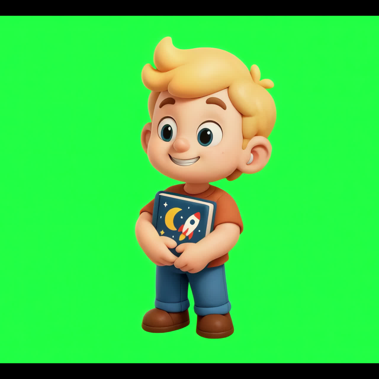 Cartoon boy holding book animation isolated asset, transparent 4K video, alpha channel, ProRes 4444
