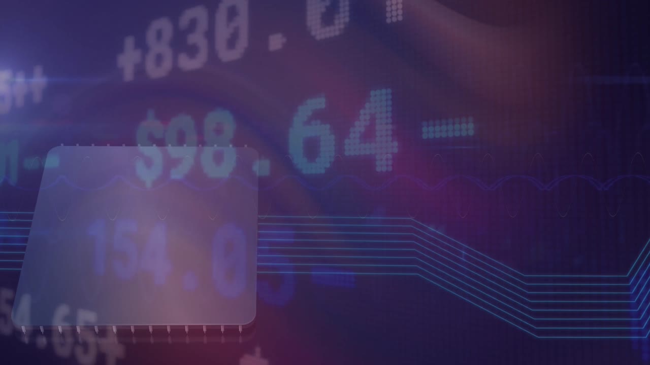 animación del procesamiento de datos financieros a través de una placa de circuitos informáticos