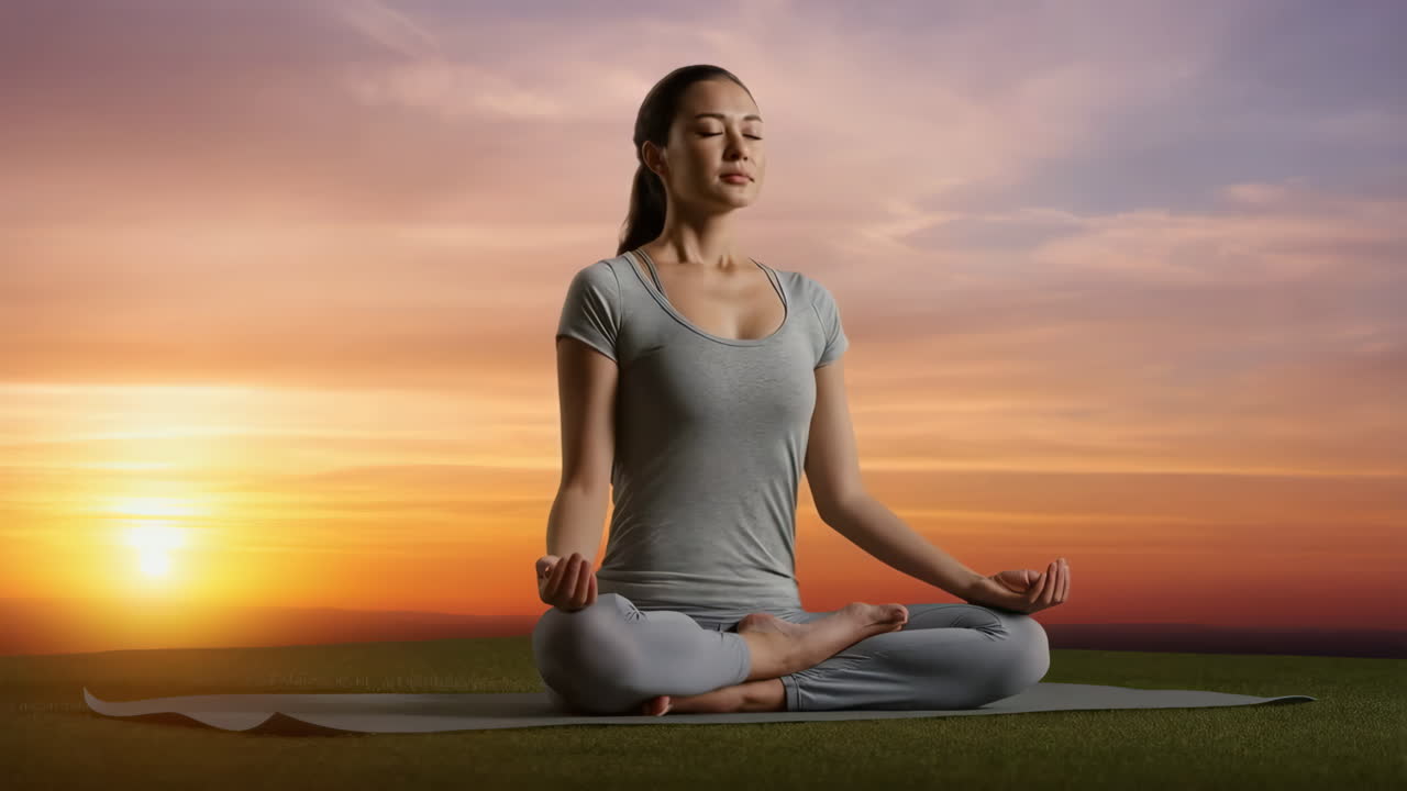 Woman Meditating in Lotus Position at Sunset
