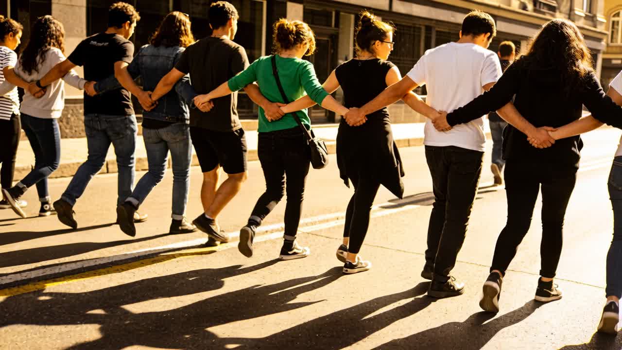 Pedoni camminano verso destra, a braccetto su una strada urbana, le ombre rivelano solidarietà comunitaria.