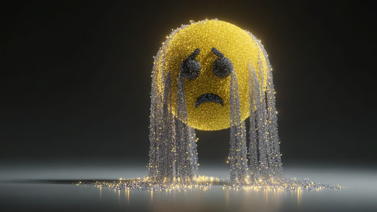 A shiny, glimmering, teardrop-emitting yellow emoji face expresses sorrow through its intricate design, creating a striking visual representation of emotional depth in modern art