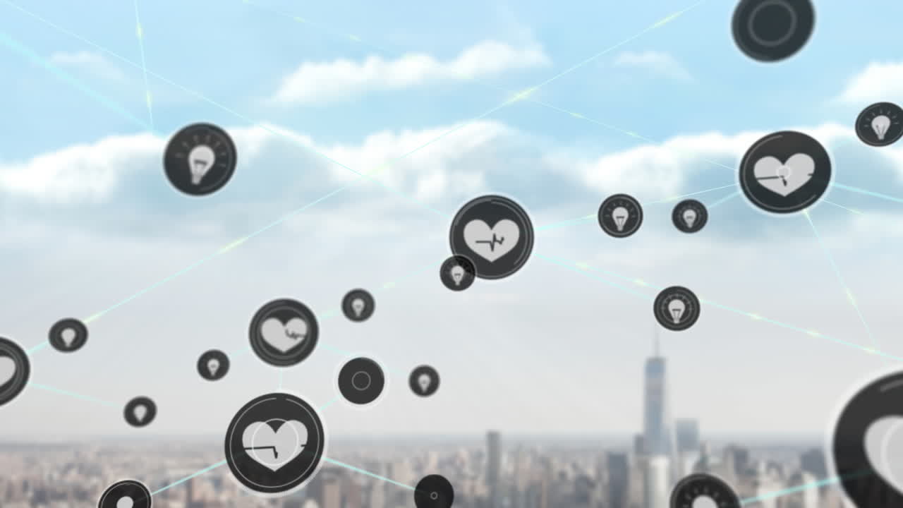 도시 풍경 위의 아이콘으로 연결된 네트워크의 애니메이션