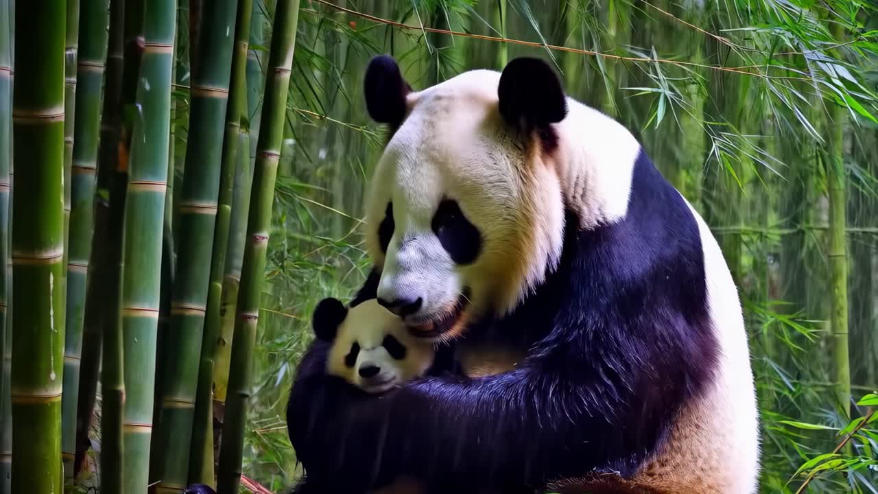 A mother panda is holding her baby panda